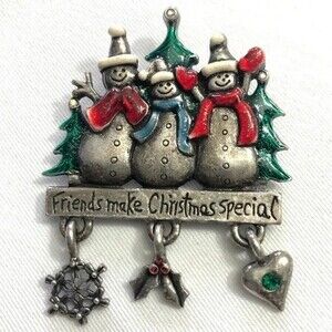 Holiday Snowman Family Brooch Silver Tone